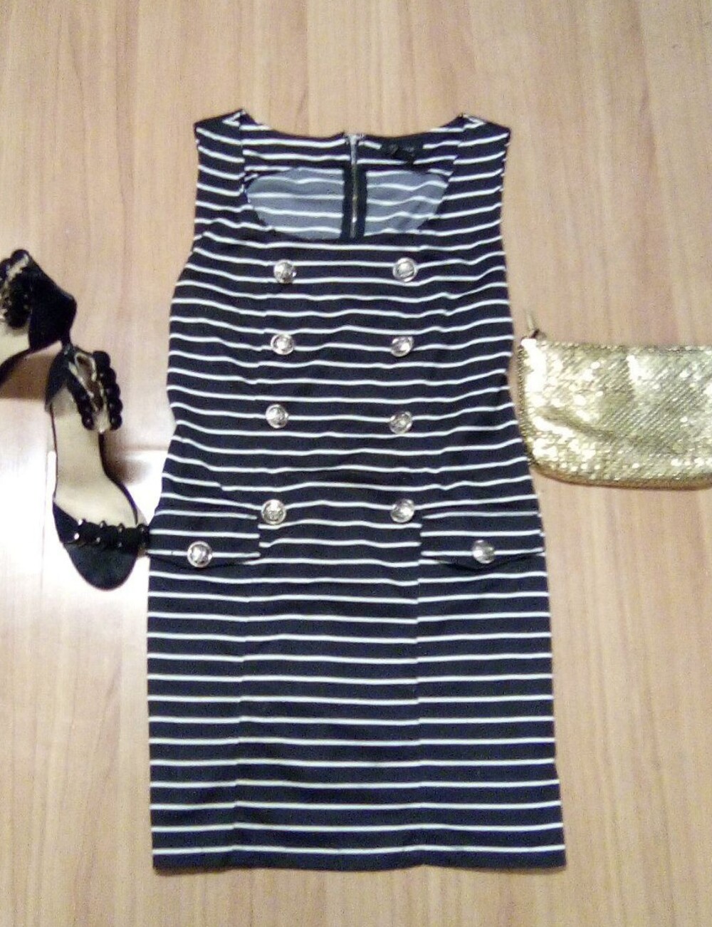 Navy Blue Dress W/ Gold Buttons; Black Heels & A Gold Clutch